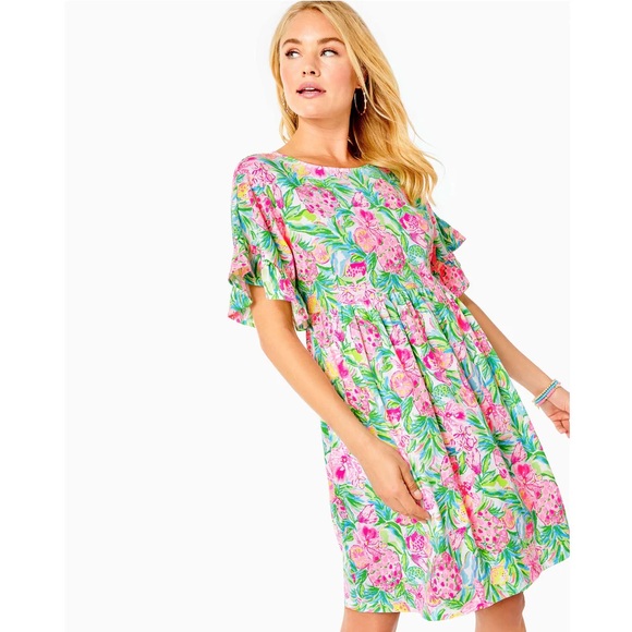 Lilly Pulitzer Tiltson Swing Midi Dress Hot Pink Green Floral Ruffles Medium - Picture 12 of 15